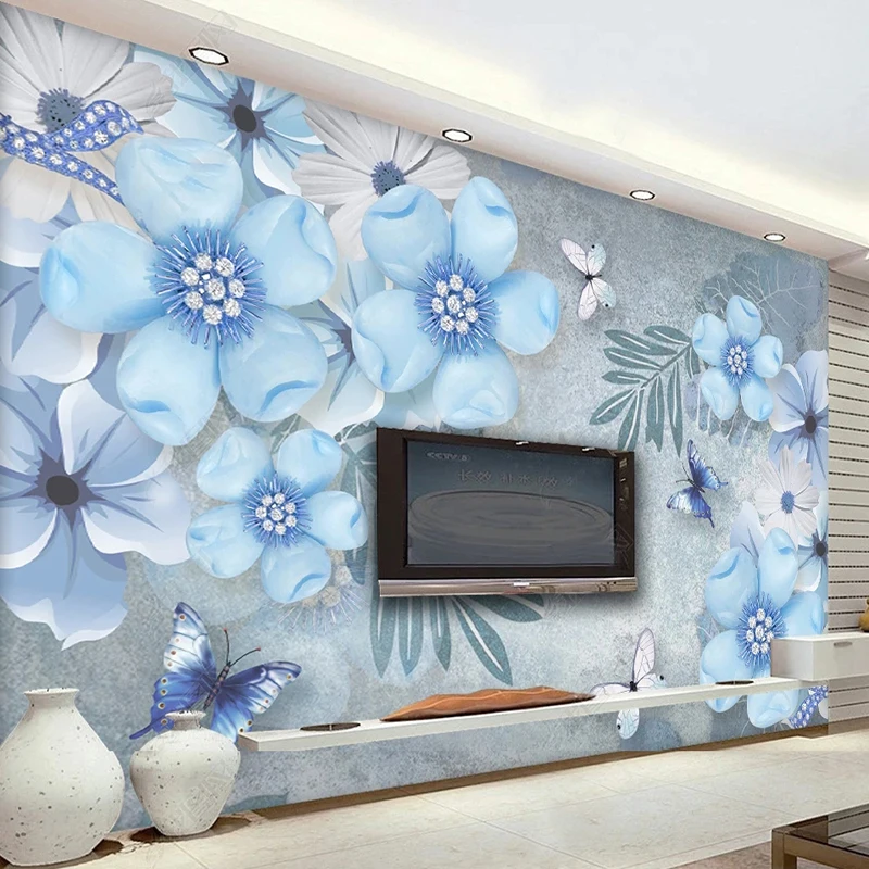 Custom Size Mural Wallpaper Beautiful Blue 3D Jewelry Flowers Wall Painting Living Room Study Backgroung Decor Creative Fresco