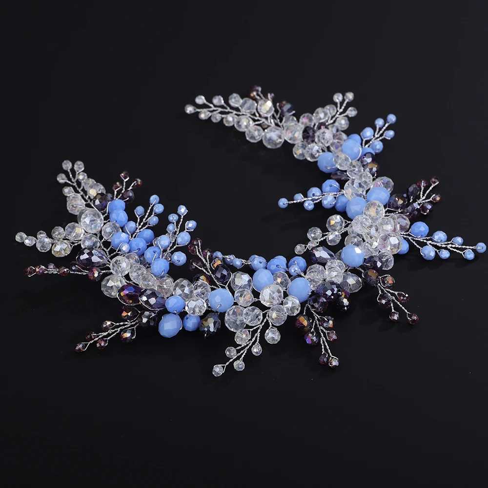 Trendy Blue Crystal Wedding Headband Silver Purple Bridal Hair Piece Women Hairband Handmade Party Headband Tiara Bride Headwear