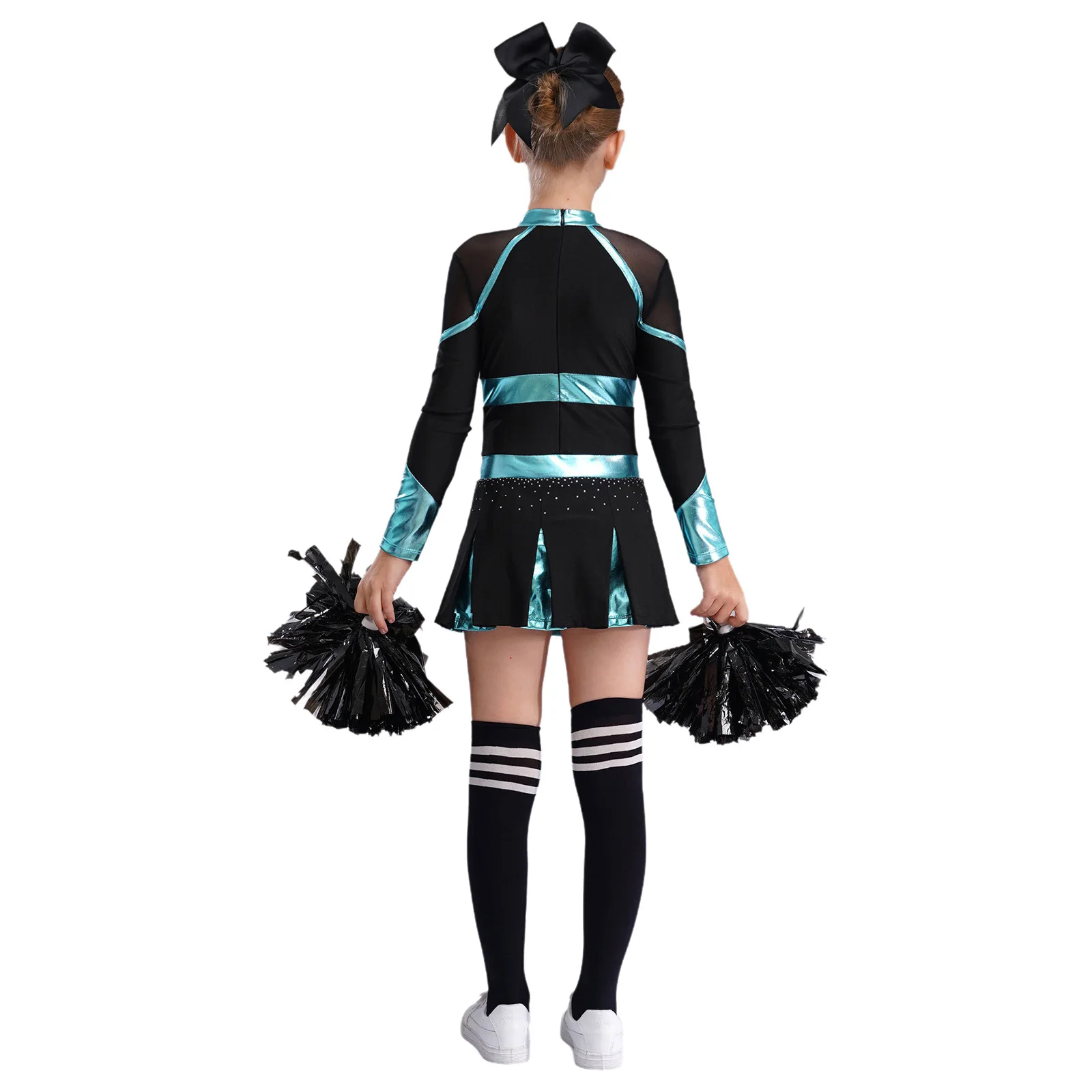 Kinder Mädchen Cheerleader Kostüm Musical Cheerleading Uniform Schulmädchen Glitzerndes Strass Metallic Langarm Plissee Kleid – Detail 23