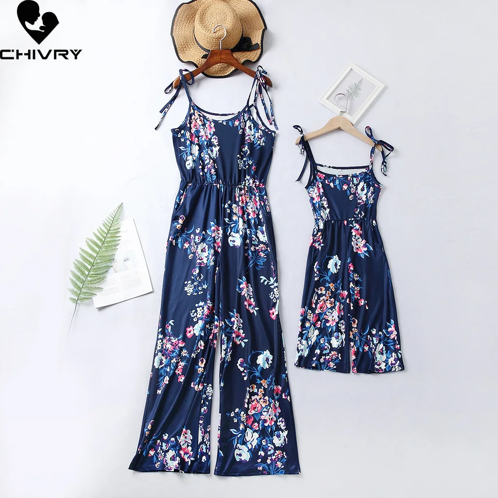 

New 2022 Mother Daughter Summer Jumpsuits Sleeveless Deep V Neck Floral Beach Rompers Mom Mommy and Me Family Matching Outfits
