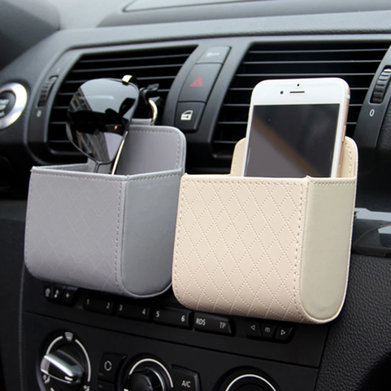 Car Storage Bag Air Vent Dashboard Hanging PU Leather Organizer Box Glasses Phone Holder car phone holder car storage gadget