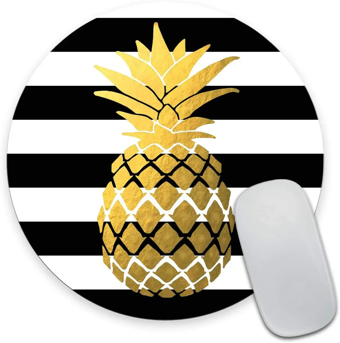 Gold Foil Pineapple Round Mouse Pad Black and White Stripes Circular