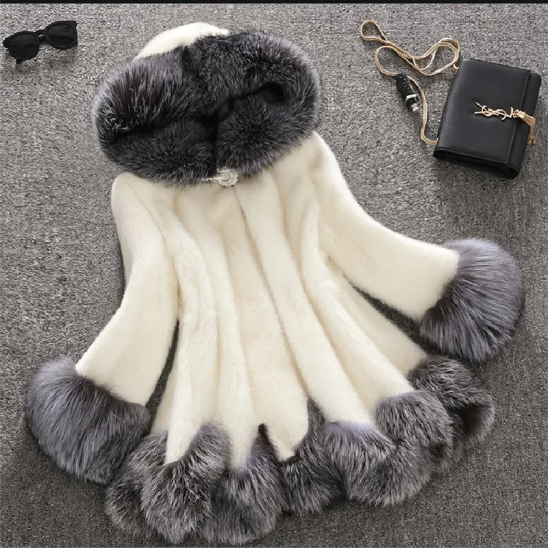 S-6XL Good Quality Thick Long Faux Fox Fur Mink Velvet Coat Winter Warm Slim Plush Streetwear Women Overcoat With Trim Hood Hat