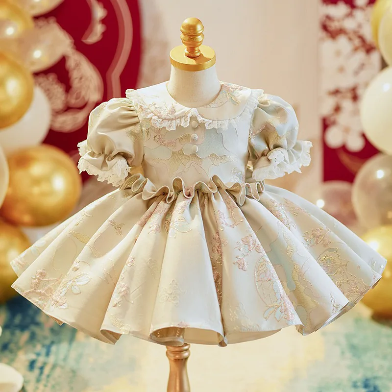 

Spain Girls Princess pearl Retro court Dress Jacquard lace flower girls Wedding Bow Wedding Gown baby Birthday Party Kids Dresse