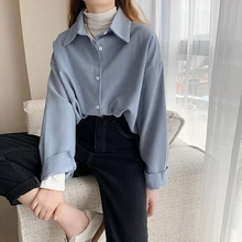 

Shirts Women Long Sleeve Solid Loose Simple Vintage All-match Female Shirt Ladies Elegant Single-breasted Outwear Womens Blouse