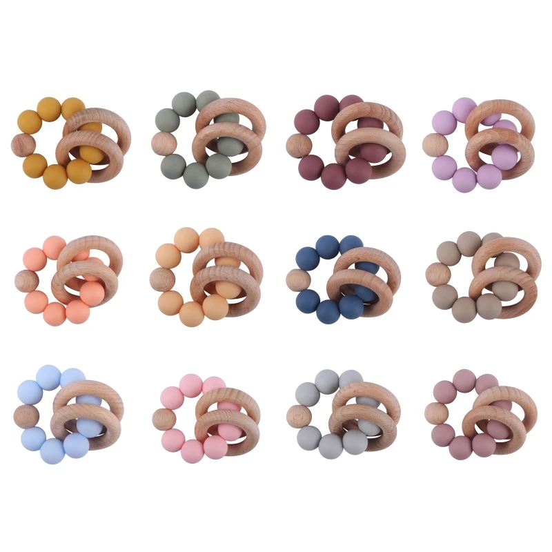 

Q0KB Baby Teether Bracelet Silicone Beech Beads Ring Wood Rattles Toy for Baby Girls Boys Teething Nursing Toy Appease