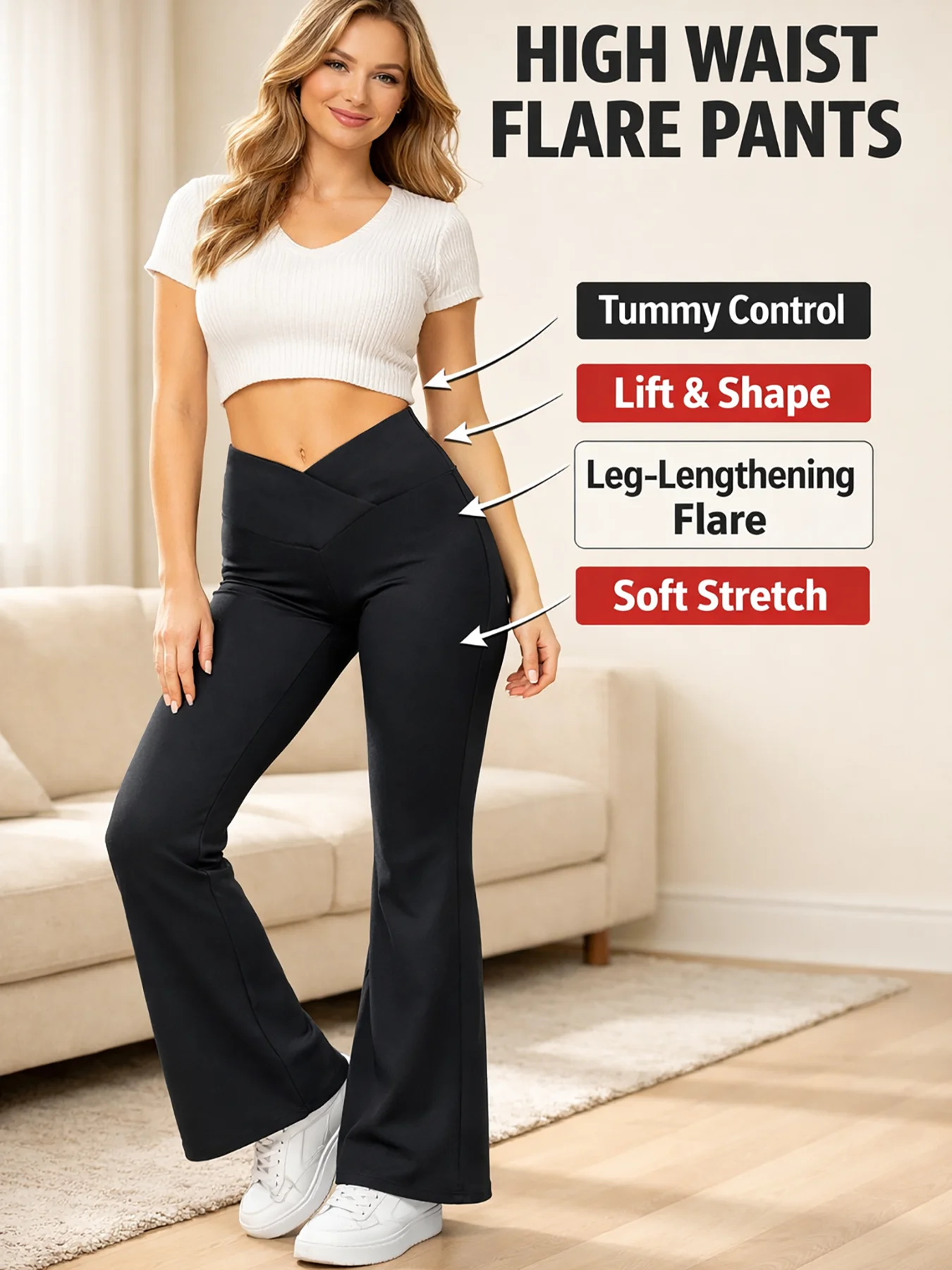 A Single Piece of Elegant High-Waisted Black Pants with Built-In Abdominal Support and Vertical Leg-Lifting Design, Made from Soft and Stretchy Fabric Suitable for All Seasons, Perfect for Casual Sports Occasions and Formal Events – Flared Trousers