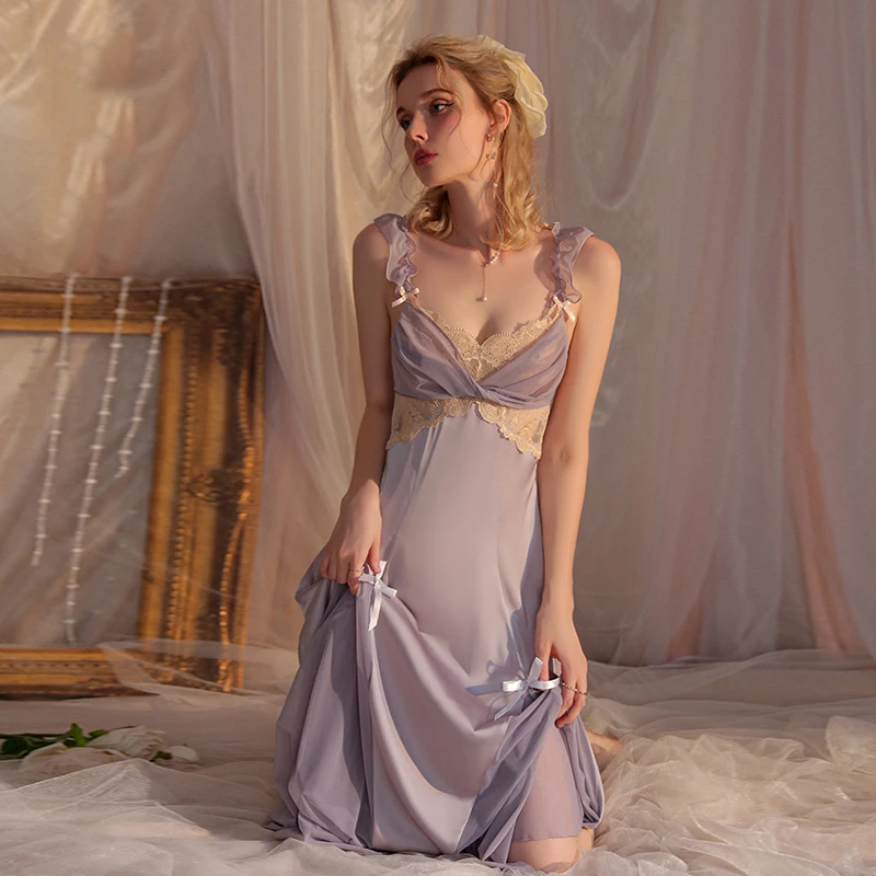 IRENE TINNIE New Women Sexy Sleepwear V-Neck Lace Female Nightdress Purple Homewear Nightgown Long Pajama Bifurcation Nightwear