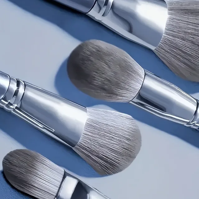 14-Piece Silver Professional Makeup Brush Set | Includes 2 Plush Velvet Puffs + 2 Blending Sponges | Vegan Cruelty-Free Brush Co