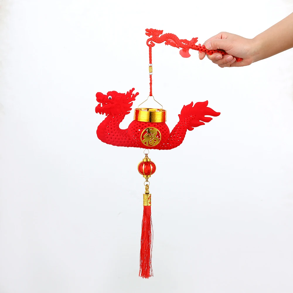 

2024 Chinese Dragon Flocked Lantern With Light New Year Housewarming Gift Indoor Outdoor Spring Festival Hanging Decor Children