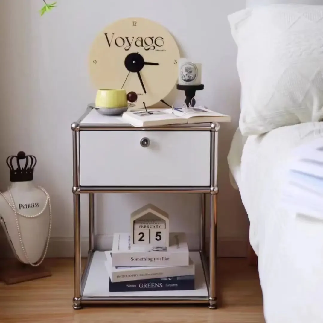 Retro Bedside Table Bedroom Stainless Steel Storage Cabinet Drawer Cabinet Living Room Sofa Side Stainless Steel