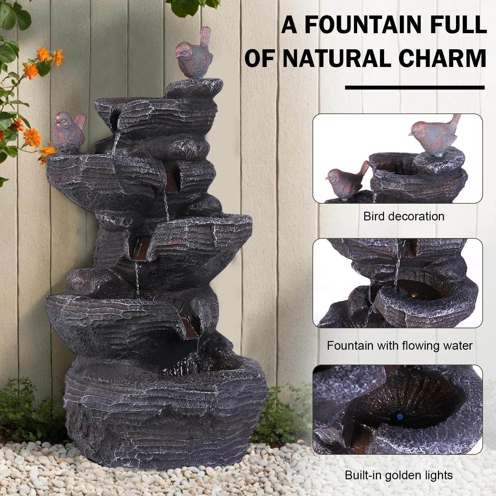 27 Inch 5-Tier Cascading Rock Water Fountain Rock Outdoor Waterfall Fountain for Garden Patio Backyard Porch and Home Art Decor
