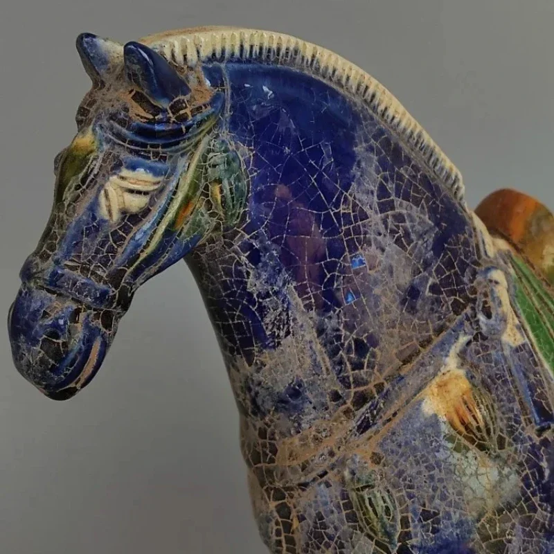 Tang Sancai Blue Glazed War Horse Home Decor Ancient Porcelain Imitation Unearthed Museum Decoration Sculptures Figurines