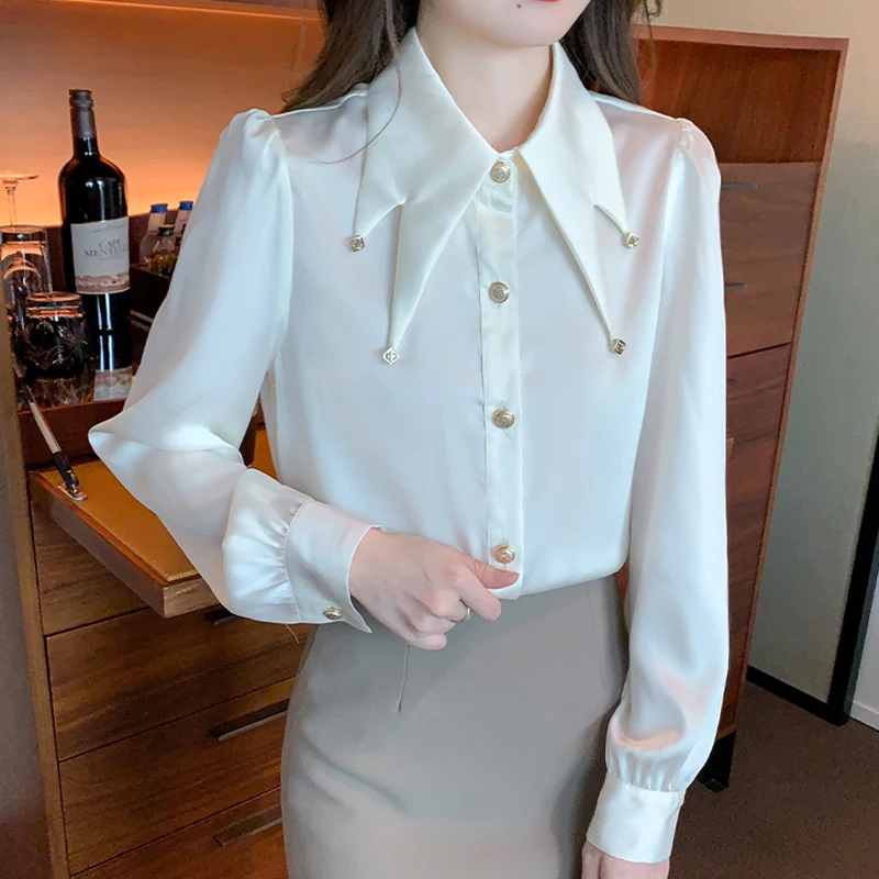 

Осень 2023 атласная Женская рубашка с длинным рукавом Элегантная белая блузка на пуговицах с шикарным дизайном модные офисные женские топы женские блузы 28380