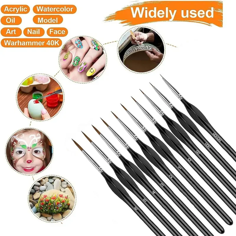 Paint Brushes 10Pcs Miniature Kit Nylon Hair For Acrylic Watercolor Oil Pointed Tip w/Case