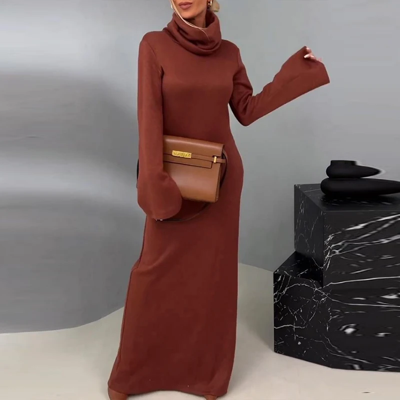 

Новинка, Осеннее женское платье-пуловер с высоким воротником, модное однотонное облегающее длинное платье из искусственной кожи, зимнее офисное Женское Платье макси с длинным рукавом
