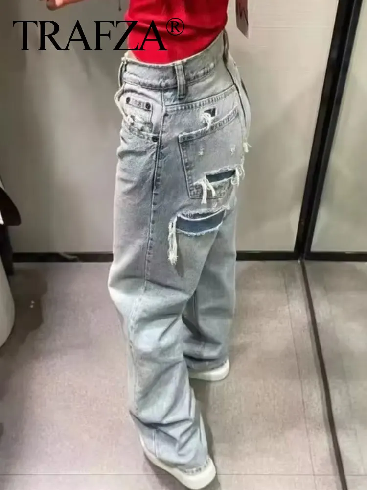 TRAFZA Jeans For Women 2024 Denim Solid Loose Zipper Fly Female Hole Trouser Pockets Wild Basic Commute Woman Wide Leg Long Pant 2