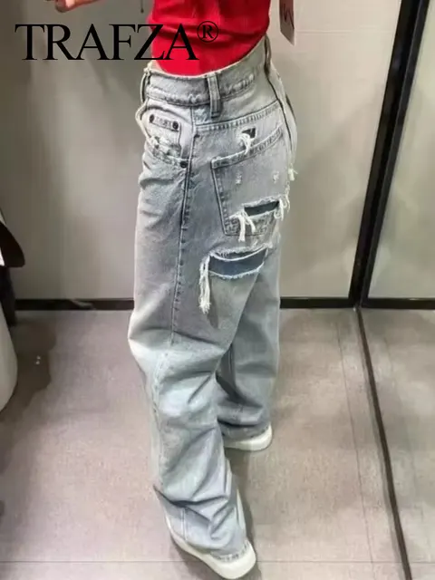 TRAFZA jean pour femmes 2024 Denim solide ample fermeture éclair mouche femme trou pantalon poches sauvage basique trajet femme jambe large pantalon Long 2