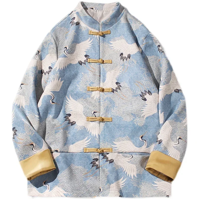 Chinese Style Men's Jacket Suede Fabric Long Sleeve Stand Collar Embroidered Buckle Tang Suit Improved Hanfu Autumn Coat Clothes