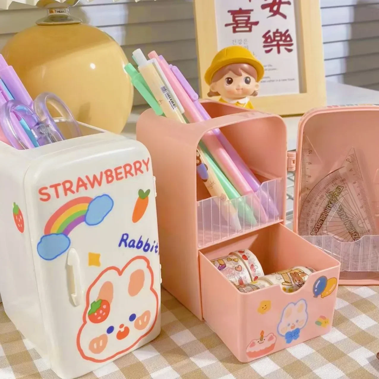 

Cute Mini Refrigerator Shape Pen Holder Desktop Organizer Box Cartoon Girl Stationery Large Capacity Office Storage Free Sticker