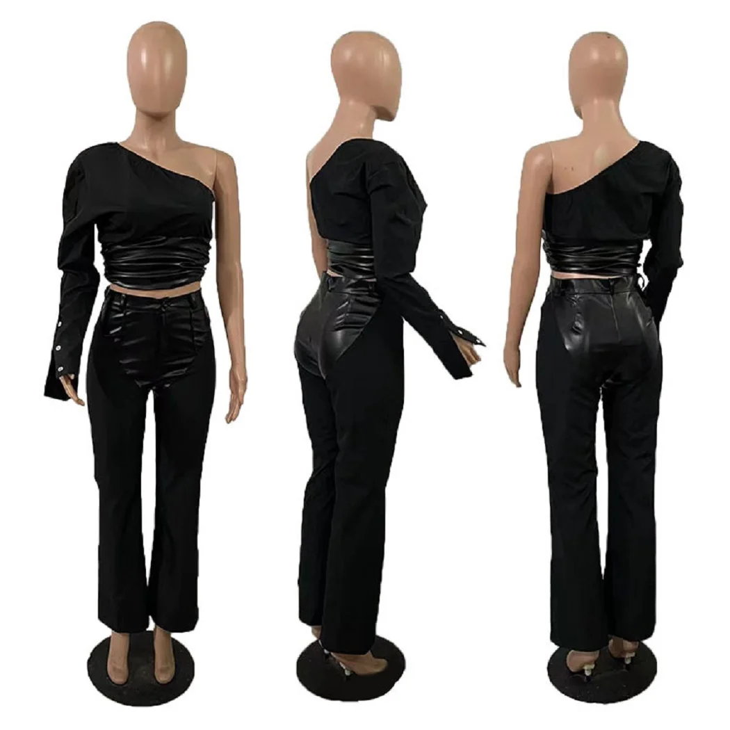 One Shoulder Tops Leather Pants 2 Piece Pant Sets Winter Fall Clothes 2023 Women Party Club Crop Tops Two Piece pants Sets