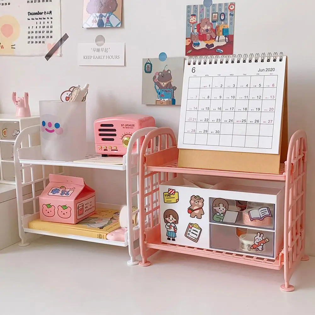 1PC PP Desktop Double Layer Storage Rack Rectangular White Organizing Student Desk Office Cosmetics Stationery storage racks