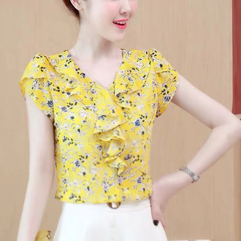 

Stylish V-Neck Spliced Loose Printed Ruffles Blouse Women's Clothing 2023 Summer New Casual Pullovers Office Lady Chiffon Shirt