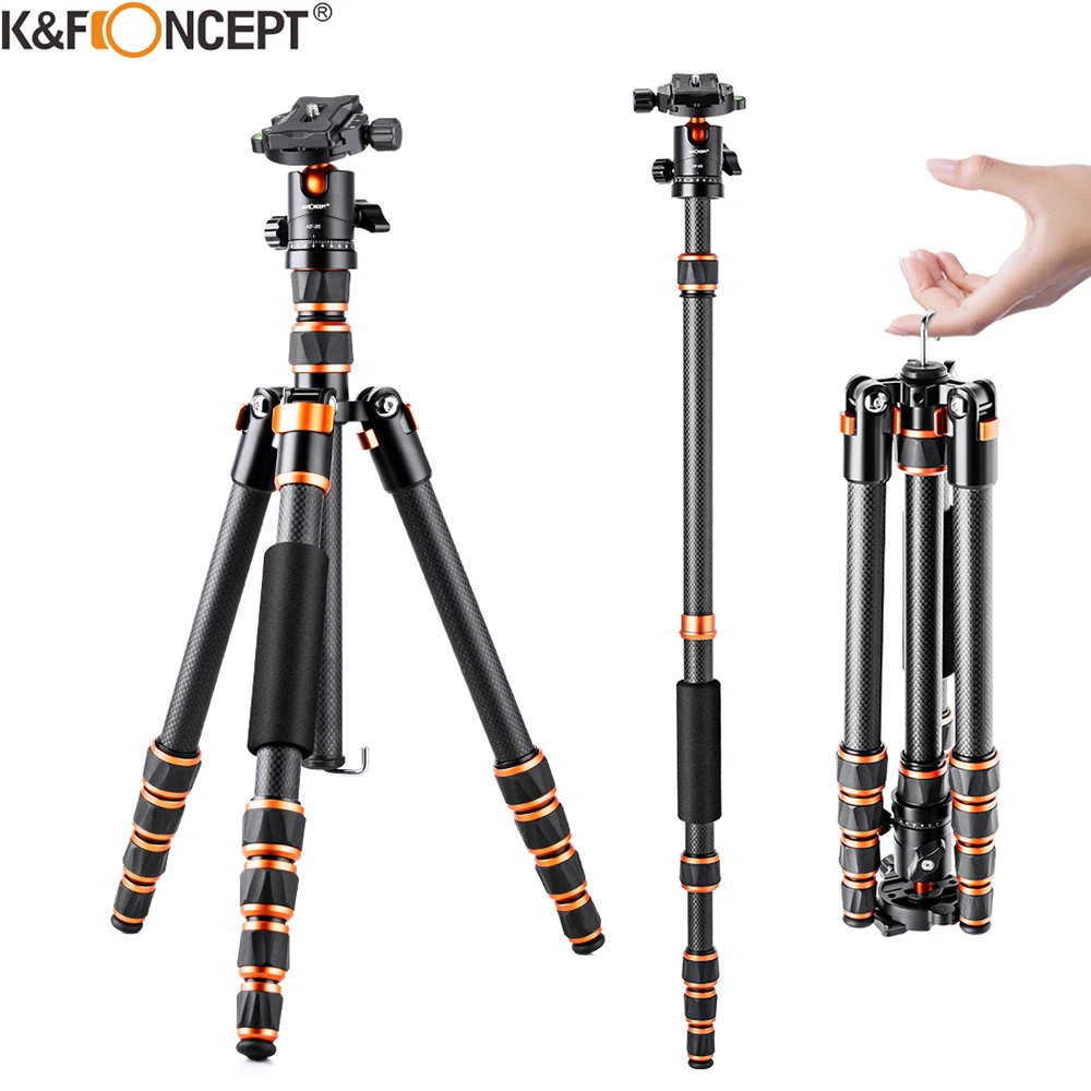 K & F Concept Carbon Fiber Camera Tripod, Lightweight Travel Tripod, 360 ° Bola Cabeça para Canon, Sony, Nikon, 8kg, 17.6lbs, 60 