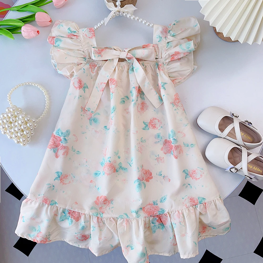 Neues Sommer Mädchen Kleid mit Rüschen fliegende Ärmel Blumen druck Kleid Mädchen Kinder niedlichen frischen Druck Prinzessin Kleid