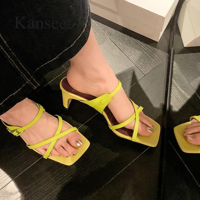 

Kanseet Square Open-Toed Outdoor Slippers For Women Summer Shoes Fashion 6.5cm High Heels Handmade Lady Footwear Yellow New 2023