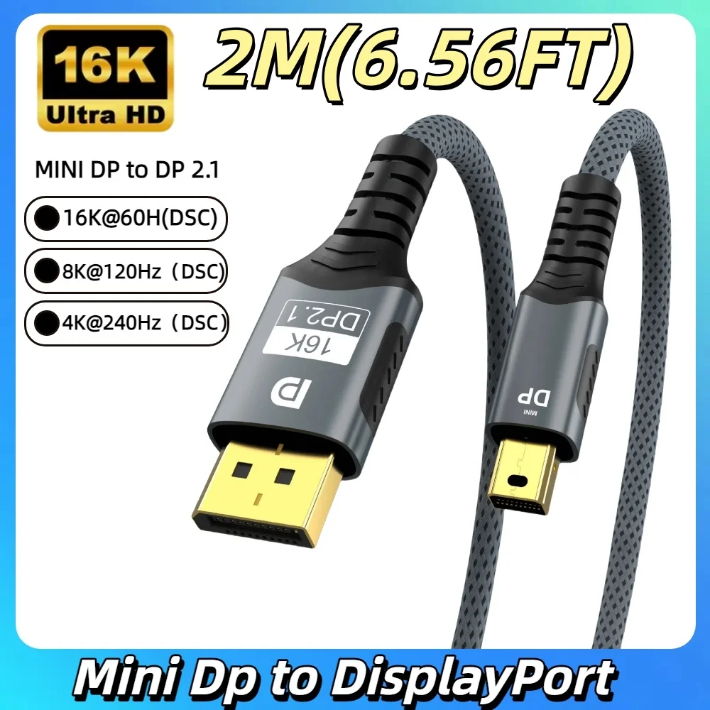 Bi-Directional Mini DP to DisplayPort Cable – 16K@60Hz, 8K@120Hz Transmission