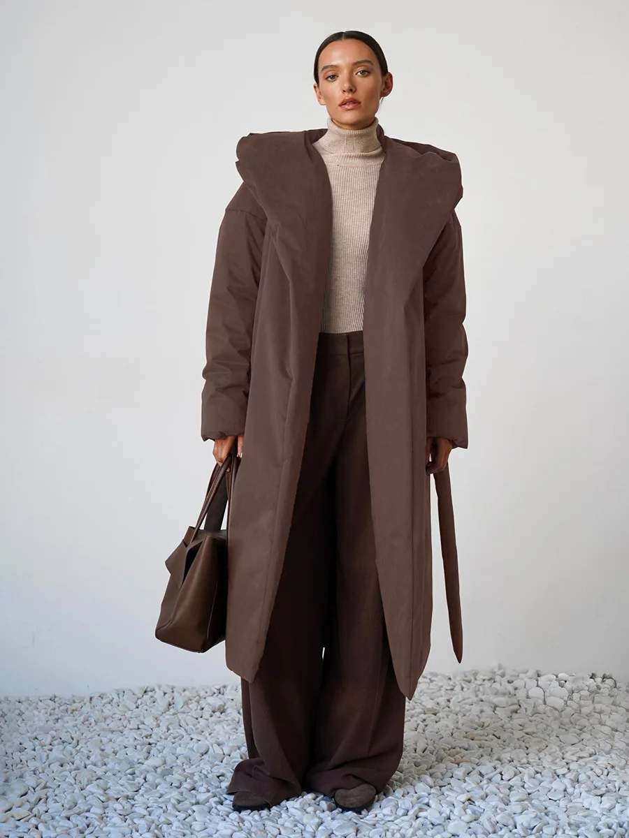 Bornladies Solid Color Extended Retro Parkas 2025 Winter New Women's Belt Warm Hooded Cotton Jacket Coat