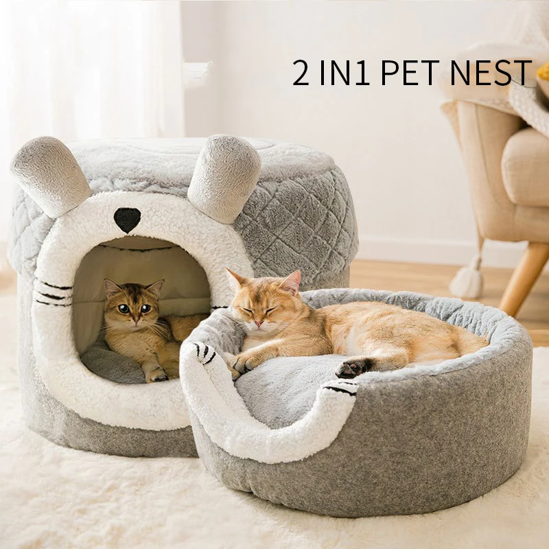 

Self-Warming 2 in 1 Foldable Cave House Shape Nest Pet Sleeping Bed for Cats, Kittens, and Small Pets with Anti-Slip Bottom