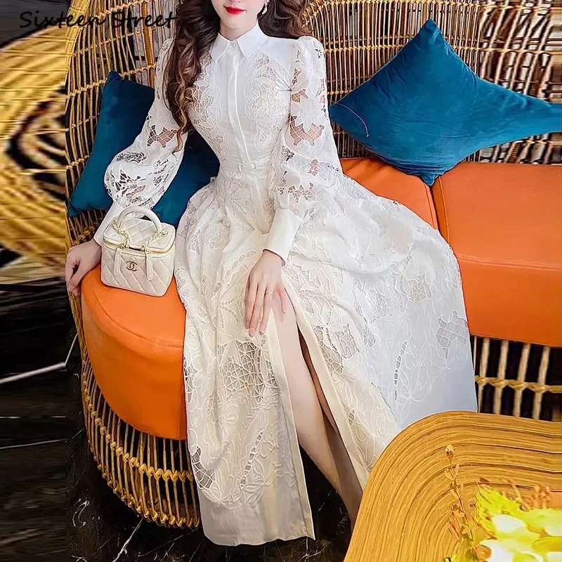 

Женское кружевное платье с вышивкой, белое элегантное винтажное платье с длинным рукавом и цветочным узором, весна-осень