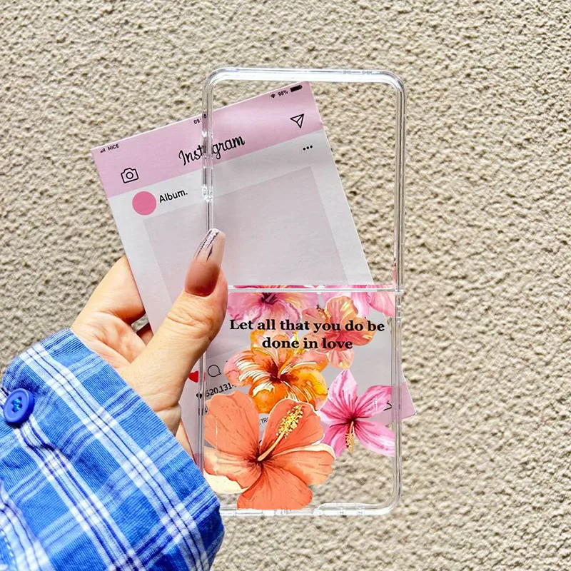 Pink Lily Flower Pattern Clear Hard PC Folding Phone Case