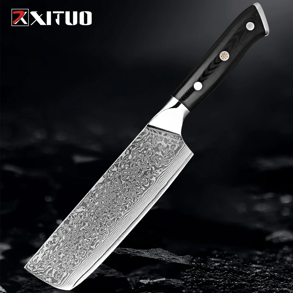 

Damascus Nakiri Knife 7Inch Pro Kitchen Knife Black G10 Ergonomic Handle Multi Chef Knife Meat Cleaver Vegetables Chopping Sharp