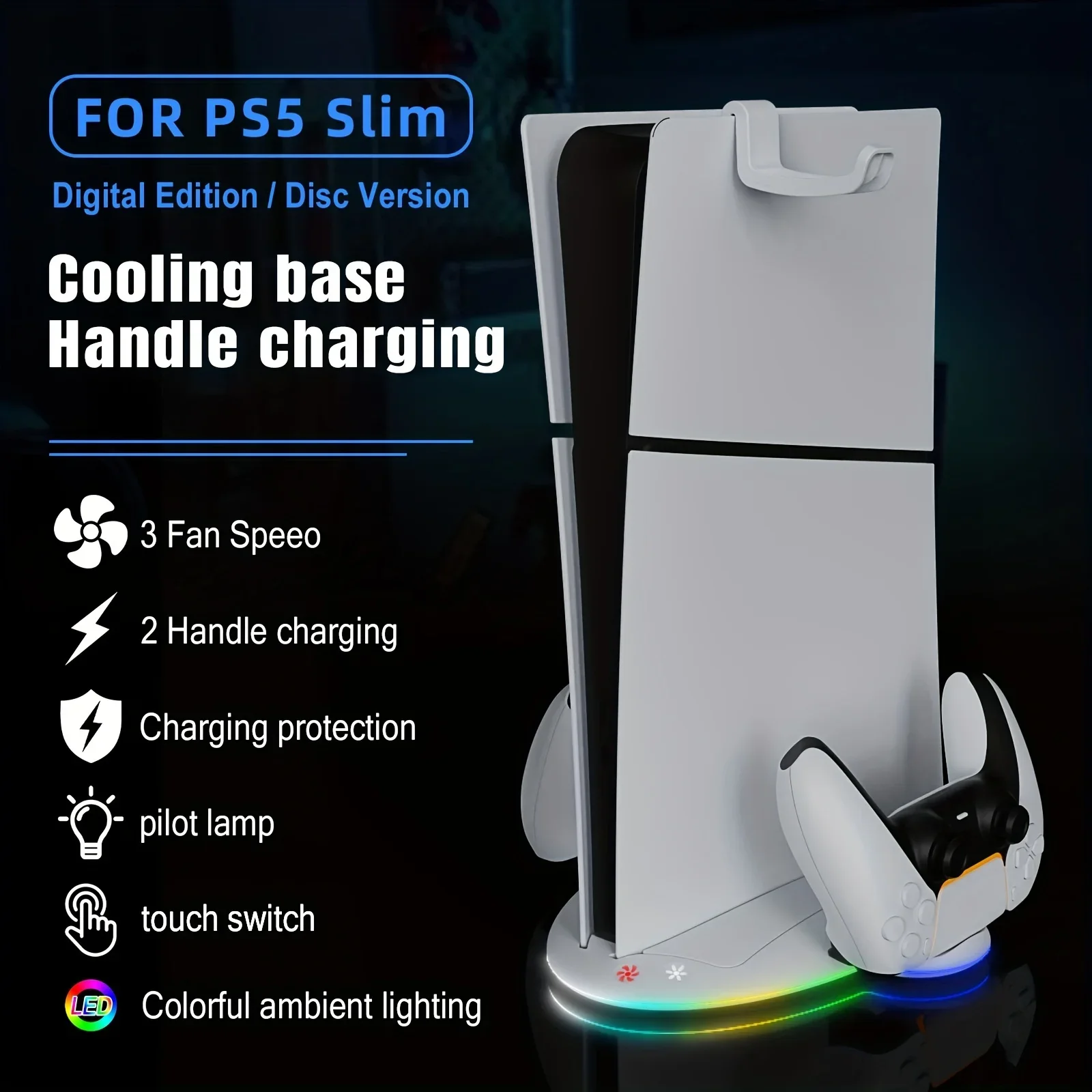 YZC-499 For PS5/Slim Stand Vertical Multifunctional Station RGB Cooling Fan Dual Controller Charger For Playstation5 Console