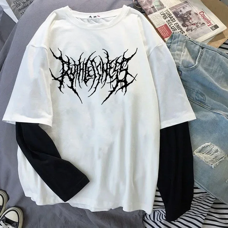 Fashion Punk Dark Style Printed Round Neck T-shirt Y2K Sport Harajuku Thin Women's Top Long Sleeves T Shirt Outdoor Loose Shirt 2