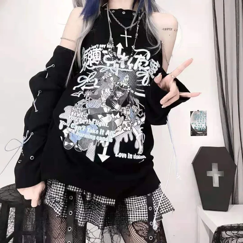 Camicia da uomo e donna, stile gotico, Y2K, emo, grunge, Alt, vintage, a maniche lunghe, stile Dark Academia, Harajuku, felpa con croce, bianco, L