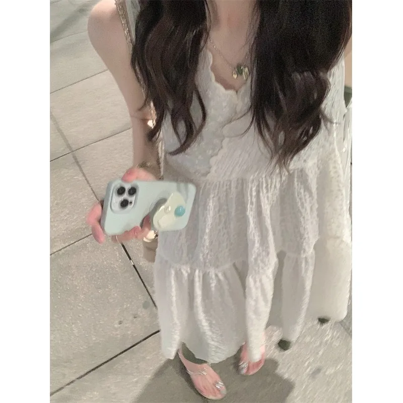 헤비 듀티 자수 v 넥 탱크 드레스 여성 봄 2024 새로운 루즈 피트 슬리밍 스위트 소프트 레이어드 롱 드레스 