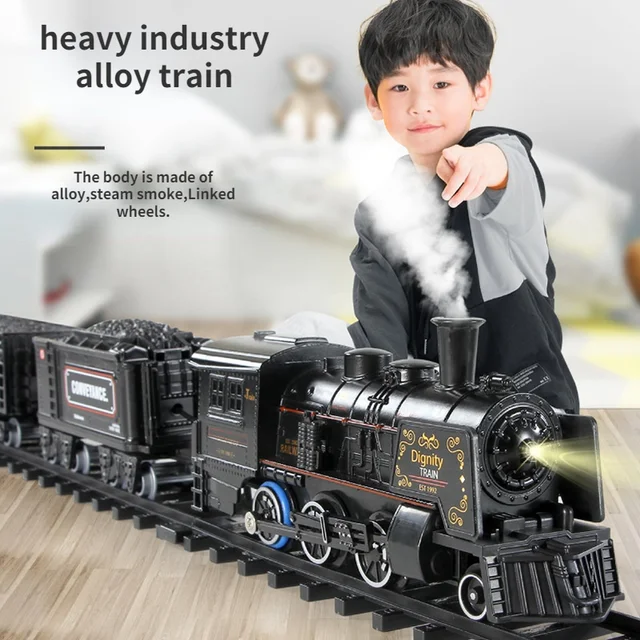 Simulation Steam Train Alloy Metal Car Track Railway Classical Train Model with Smoke Battery Operated Kids Toy Gift 1