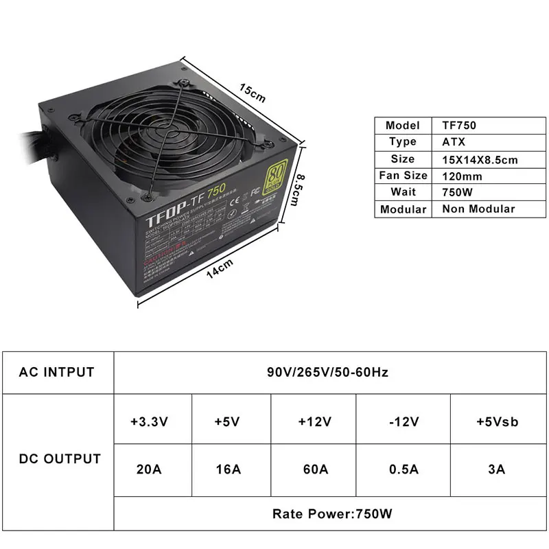 블랙 750w 게이밍 파워 서플라이 80 플러스 마이크로 ATX 게이머 파워 서플라이 750와트 스위치형 PSU