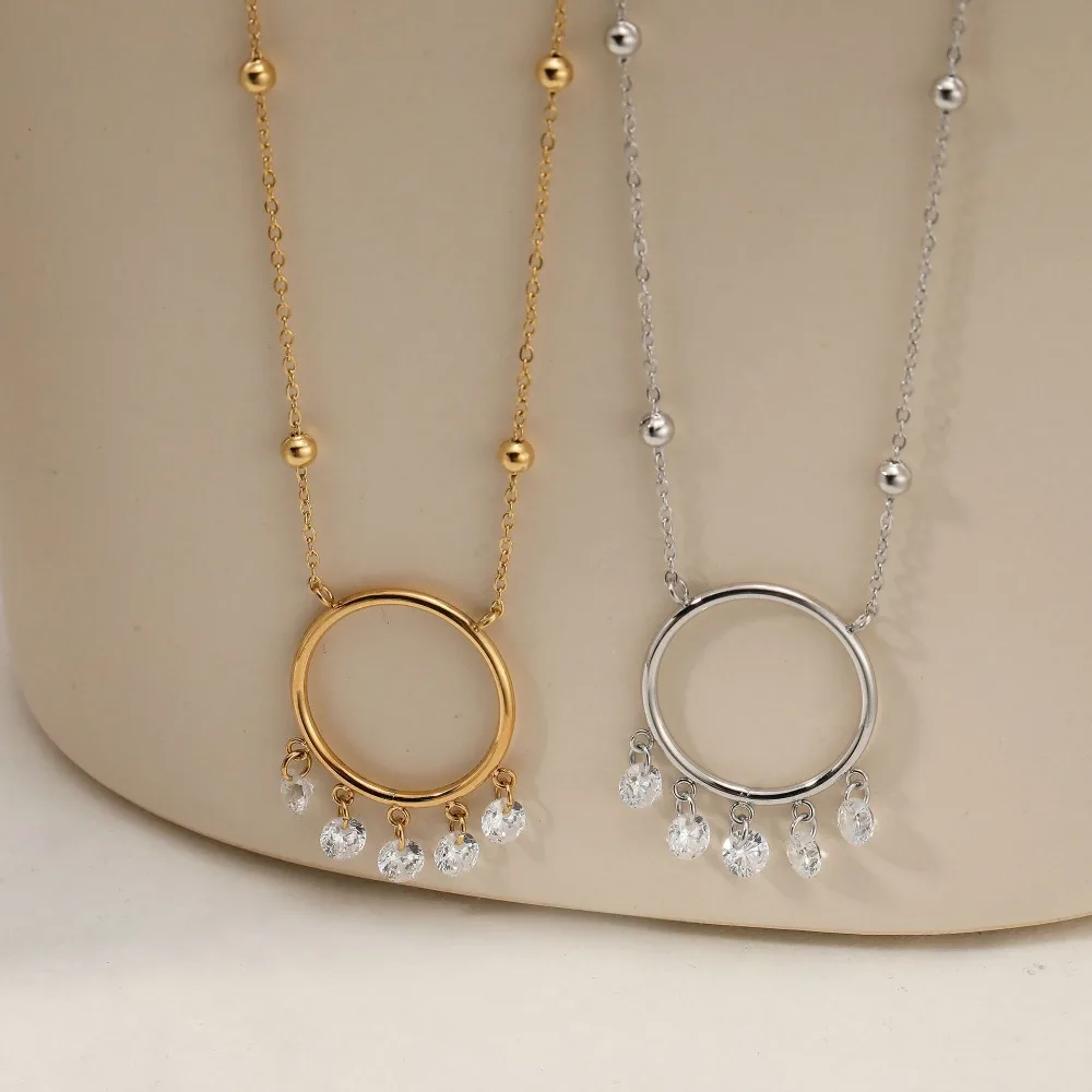 Minimalist Big Circle Shiny Zircon Pendant Neckalce One Piece Gold Plated Round Bead Chain Crystal Choker Waterproof Jewelry