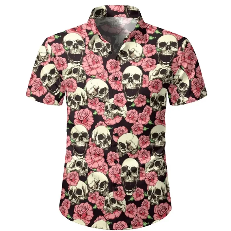 Men's Skull Shirts Casual Short Sleeve Shirt For Men Clothing Summer Men's Clothing Loose Oversized Lapel Shirt Tops Camisa