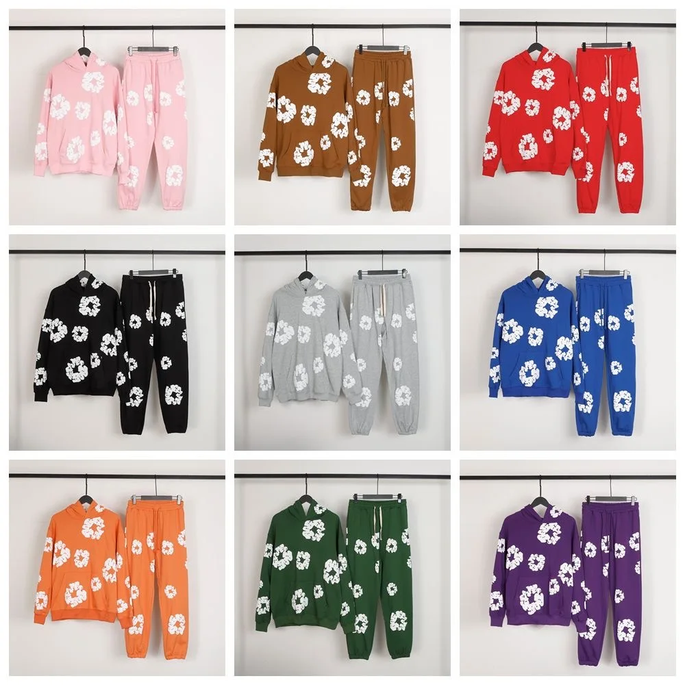 DENIM TEARS Fashion New Men's Women's Same Kapok Foam Printing Loose Velvet Hooded Sweater Trousers Set 3