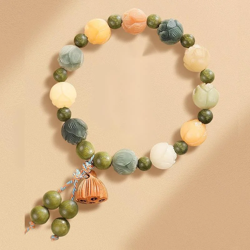 Lingyin Wealth God Same Style Rich Flower Lotus Colored Bodhi Green Sandalwood Water Grass Agate Handcarved Hand Strand, A Lot Of Money And Good Luck_voghion.com