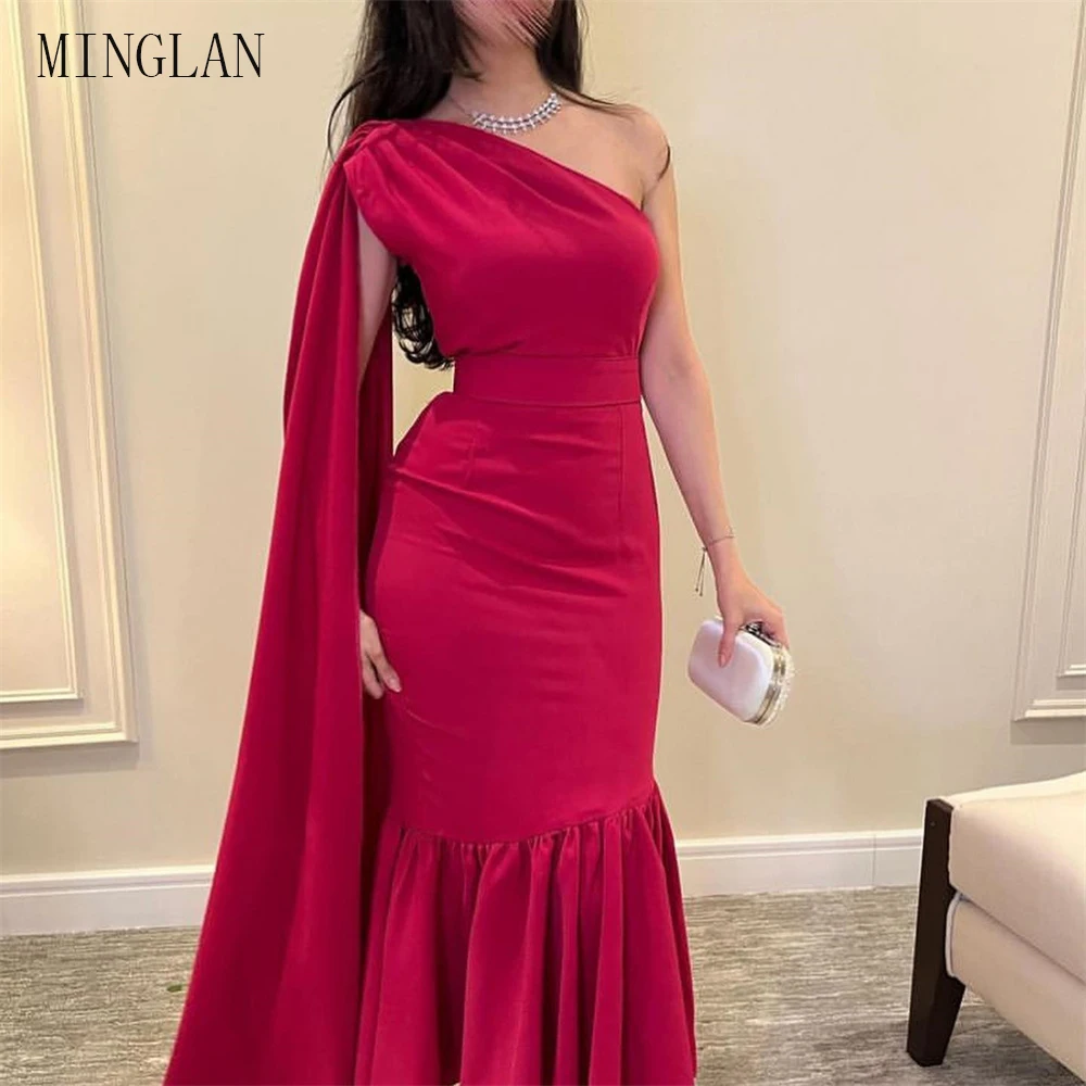 

MINGLAN Fashion Red One Shoulder Sleeveless Long Pleat Mermaid Prom Dress Elegant Tea Length Formal Evening Gowns New In 2023