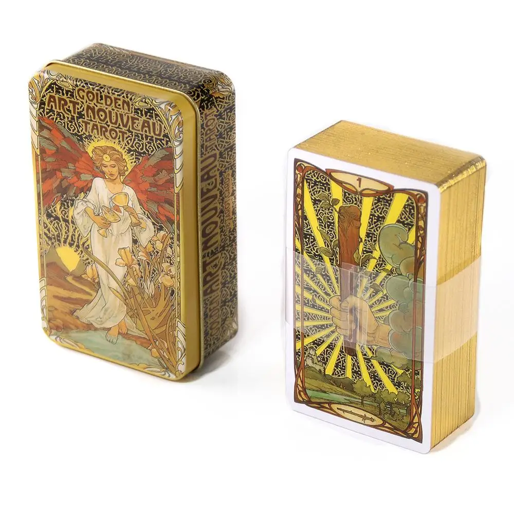 

Golden Art Nouveau Tarot Deck In A Tin Box Gilded Edge for Fortune Telling Game Card