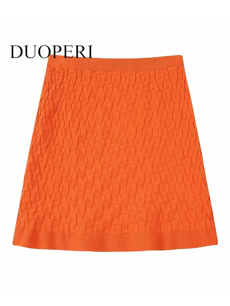 

DUOPERI Women Fashion Orange Solid Knitted Mini Skrits Vintage High Elastic Waist Female Chic Lady Skirts