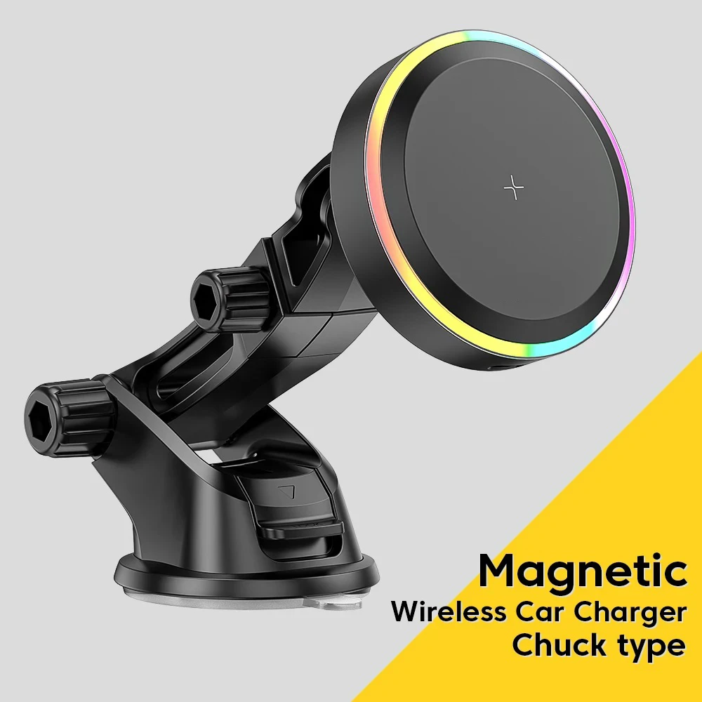 Fast Charging Magnetic Wireless Car Charger with RGB LED Light and Universal Air Vent Phone Holder